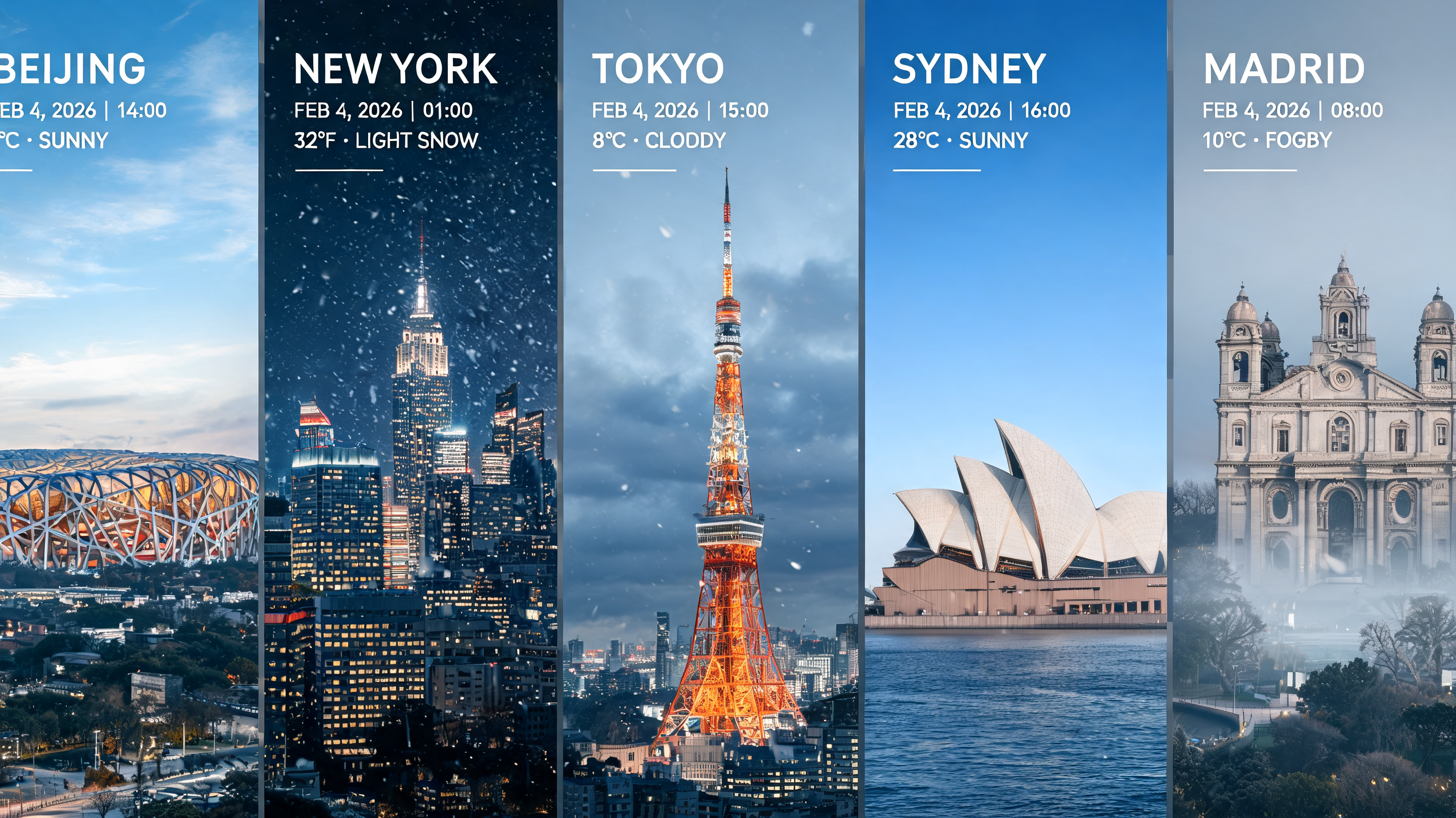 Composite météo cinq villes avec Seedream 5 Lite